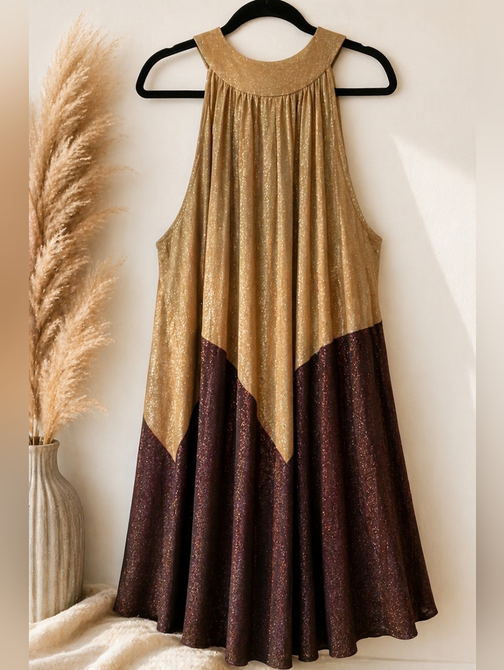 Free People Gold Shimmer Colorblock Halter Dress NWT Size M